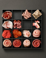 Tray with sausages and various types of meat