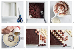 Prepare triple chocolate cheesecake chessboard toppers