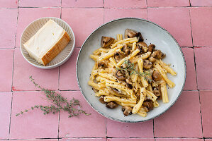 Casarecce with baked taleggio, thyme and mushrooms (vegetarian)
