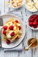 Pancakes with coconut and raspberries