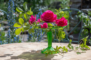 Rote Rosenblüten (Rosa) dekoriert mit Stein auf Stielvase und Zweigen auf Gartentisch