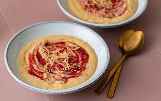 Corn semolina halwa with berry sauce