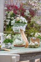 Etagere with flower pot made of horned violets, daisies and glass vase, Easter eggs in egg box decorated with feathers and Easter greeting on patio table
