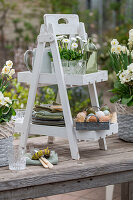 Narzisse 'Bridal Crown', Mutterkraut 'Aureum', Gänseblümchen (Bellis) und Primeln (Primula) in Töpfen auf Etagere mit gefärbten Ostereiern in Bratreine