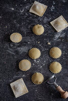 Homemade round and square ravioli