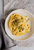 Tagliatelle with yellow roasted pepper sauce