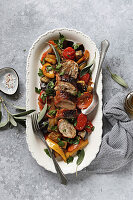 Roasted chicken thighs with grilled vegetables