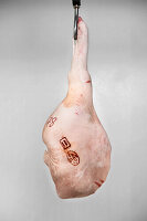 Raw pork shank hanging on a hook