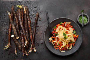 Black salsify pappardelle with vegan lentil-pumpkin bolognese