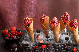 Cinnamon waffle cones with frozen berry yoghurt