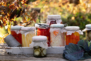 Eingemachte Paprika, Gurken, Tomaten in Gläsern auf herbstlicher Terrasse 