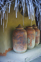 Drei Krüge auf einer Stufe vor einer Wand; Ulpotha, Embogama, Sri Lanka.