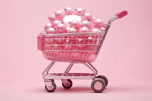 Komposition von Miniatur-Einkaufswagen mit verschiedenen bunten Mockup-Produkte auf rosa Hintergrund platziert