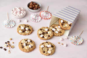 Oatmeal biscuits with chocolate, marshmallows and hazelnuts