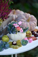 Herbstdeko mit Zierkürbissen, Kastanien und Hortensien (Hydrangea) auf weißem Tisch
