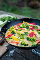 Thai vegetable curry in a wok with broccoli and peppers