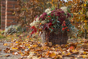 Gesteck im Herbst aus Waldrebe, Fetthenne, Hagebutten, Eukalyptus, Wildem Wein in Weidenkorb