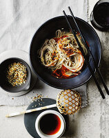 soba noodless with ginger broth and crunchy ginger