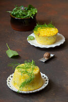 Ricotta flan with saffron, pistachios and dill