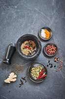Ayurvedic spices in a mortar and pestle