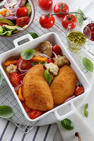 Cordon bleu with Mediterranean oven vegetables and pesto