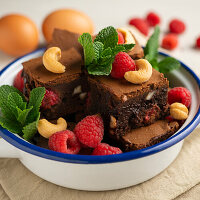 Chocolate brownie with cashews and raspberries.