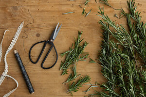 Materials for making your own rosemary wreath