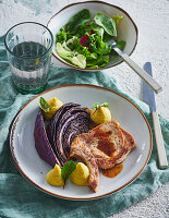 Pork chop with grilled red cabbage and celeriac puree