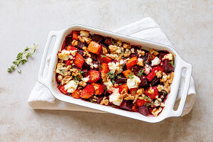 Beetroot and pumpkin gratin with walnuts