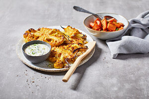 Vegan cauliflower steaks from the oven with dip and carrot salad