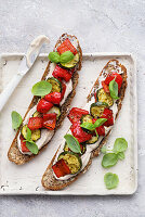 Grilled vegetables on spelt bread with basil