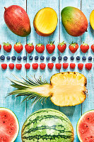 Stillleben mit Mango, Beeren, Ananas und Melone
