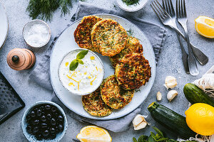 Kolokithokeftedes - Greek courgette pancakes with tzatziki