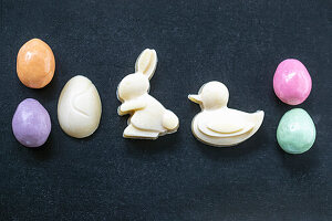 White chocolate rabbit, duck and egg