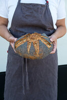 Mann hält Landbrot mit Mohnkruste