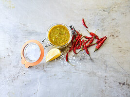 Chili pesto with fresh chili peppers and lemon