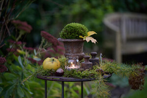 Rustikale Tischdekoration mit Moos, Quitte und Windlicht im herbstlichen Garten