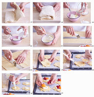 Prepare puff pastry with fruit and custard