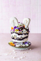 Easter trifle with edible flowers and meringue ears