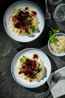 Japanese soy pork belly with rice and coriander