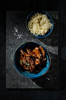 Fried beef steak strips with long grain rice and herbs