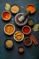 Various spices and herbs in bowls