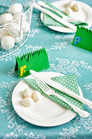 Easter table setting with green name cards and dotted napkins