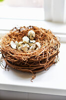 Decorative bird's nest with quail eggs on windowsill