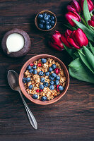 Granola with cherries and blueberries in a ceramic bowl