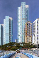 Footbridge and skyscrapers at Songdo beach, Busan, South Korea, Asia