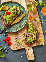 Broad bean and avocado spread on sourdough bread