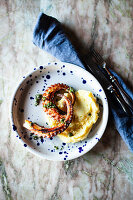 Grilled octopus tentacles on mashed potatoes with parsley salsa