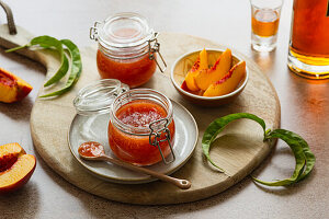 Nectarine and cognac jam in a jar