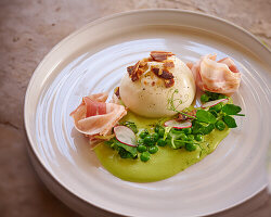 Burrata with pancetta, peas and tarragon